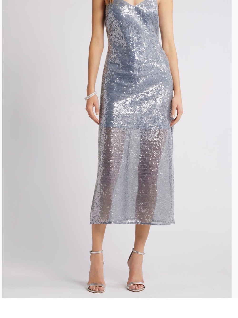 Silver Sequin Sheer-Panel Midi Dress - Women